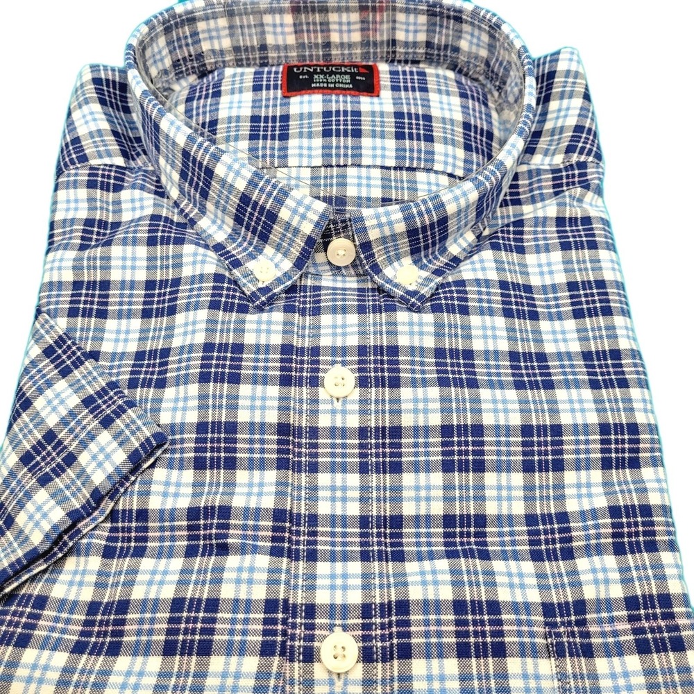 UNTUCKit Mens 2XL Reg Fit Short Sleeve Button Down Shirt Trotanoy Plaid Blue